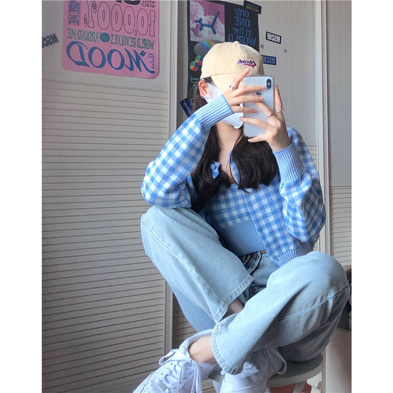 Gilet à carreaux bleu femme – Style casual vintage