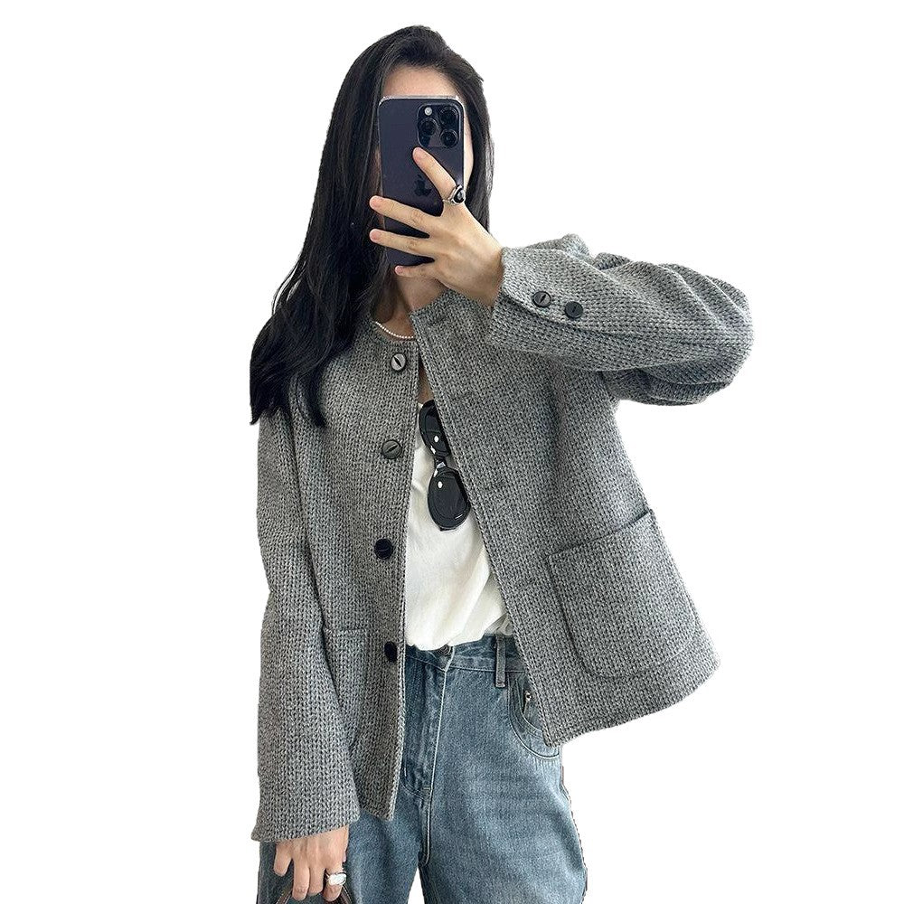 Veste élégant en tweed vintage à col rond pour femme