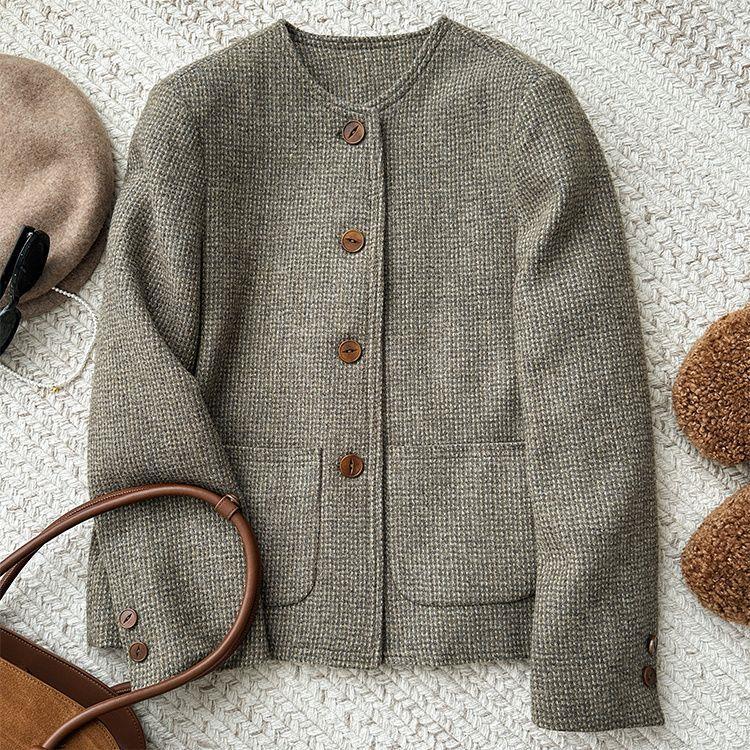 Veste élégant en tweed vintage à col rond pour femme