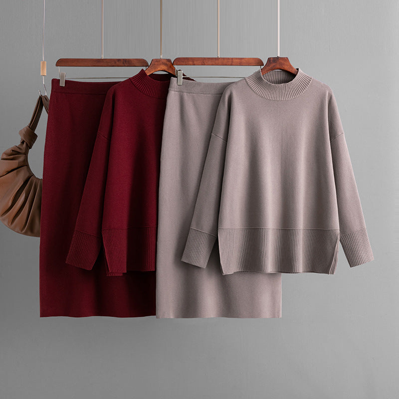 ensemble pull à col roulé uni et jupe moulante fendue automne-hiver