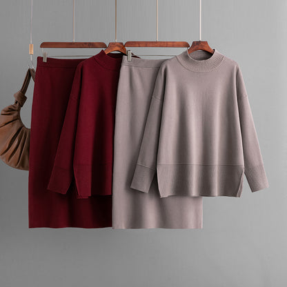 ensemble pull à col roulé uni et jupe moulante fendue automne-hiver