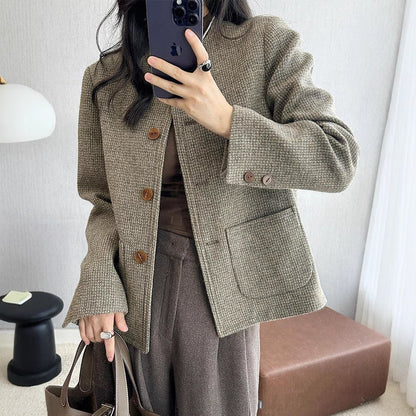 Veste élégant en tweed vintage à col rond pour femme