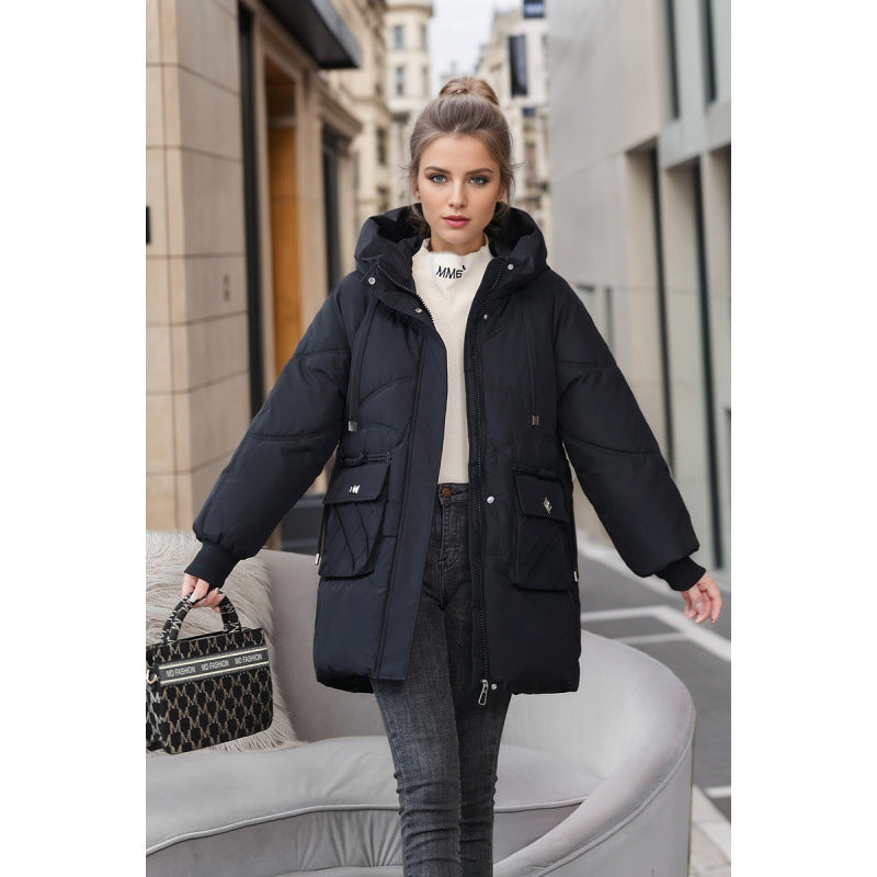 Manteau d'hiver chaud à capuche avec poches, couleur unie tendance