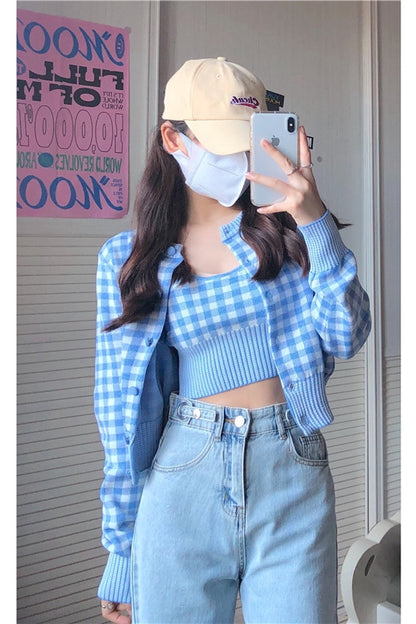 Gilet à carreaux bleu femme – Style casual vintage