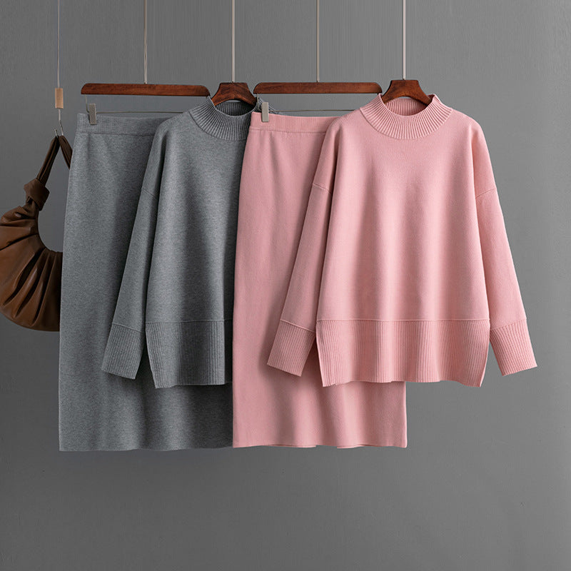 ensemble pull à col roulé uni et jupe moulante fendue automne-hiver