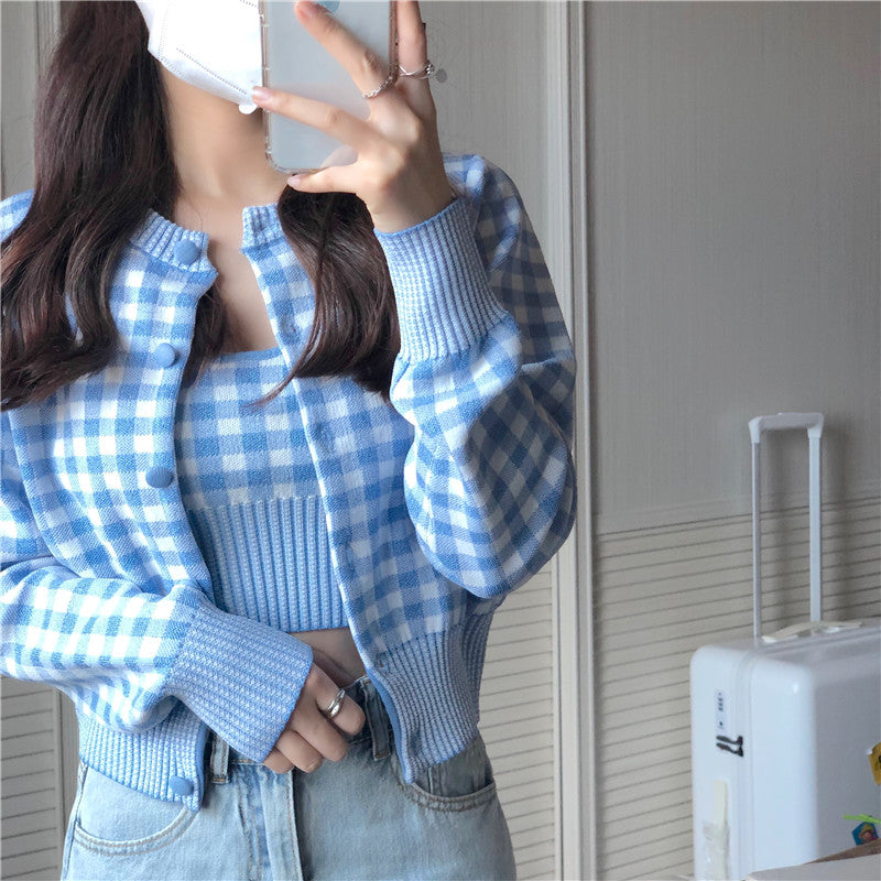Gilet à carreaux bleu femme – Style casual vintage