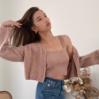 Ensemble pull en maille uni col V style coréen automne-hiver