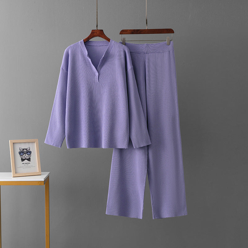 Ensemble décontracté pour femme, col en V, en maille.
