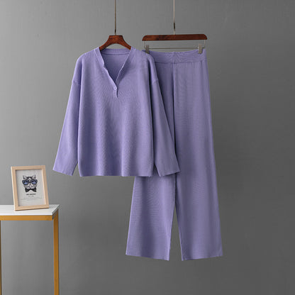 Ensemble décontracté pour femme, col en V, en maille.