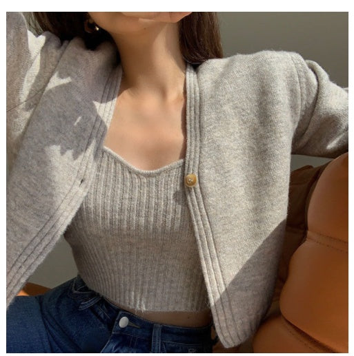 Ensemble pull en maille uni col V style coréen automne-hiver