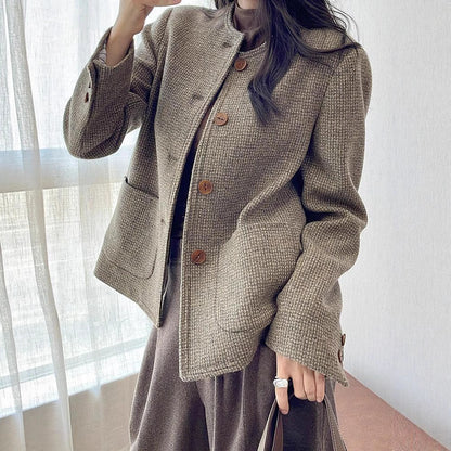 Veste élégant en tweed vintage à col rond pour femme