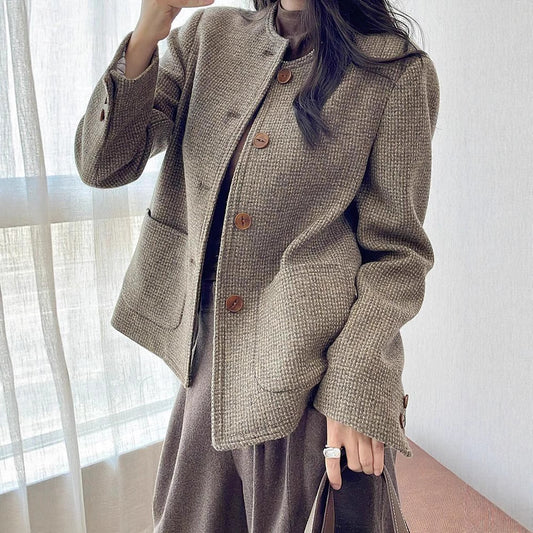 Veste élégant en tweed vintage à col rond pour femme