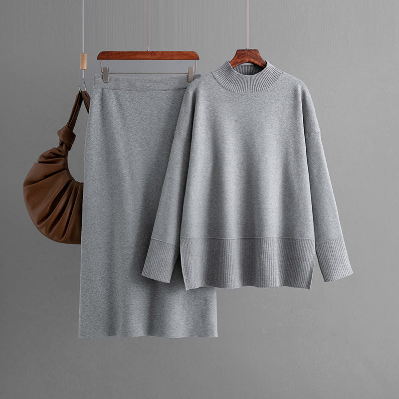 ensemble pull à col roulé uni et jupe moulante fendue automne-hiver