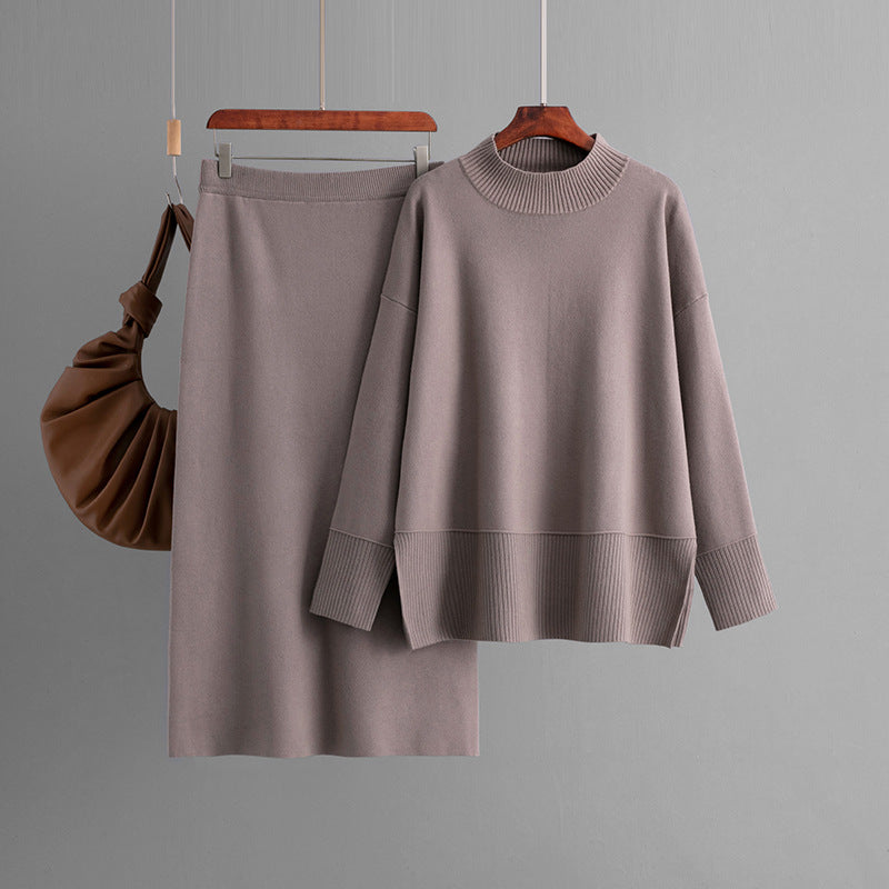 ensemble pull à col roulé uni et jupe moulante fendue automne-hiver