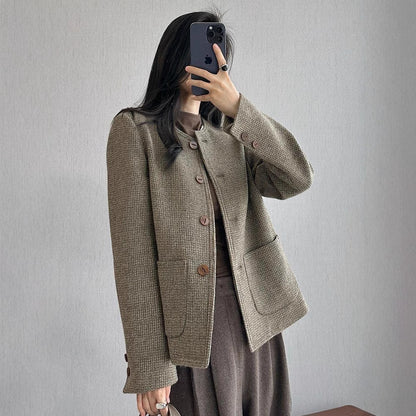 Veste élégant en tweed vintage à col rond pour femme