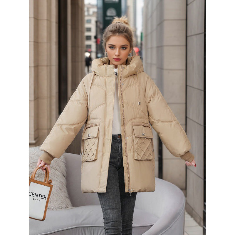 Manteau d'hiver chaud à capuche avec poches, couleur unie tendance
