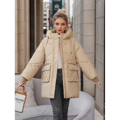 Manteau d'hiver chaud à capuche avec poches, couleur unie tendance