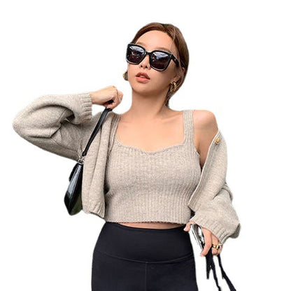 Ensemble pull en maille uni col V style coréen automne-hiver