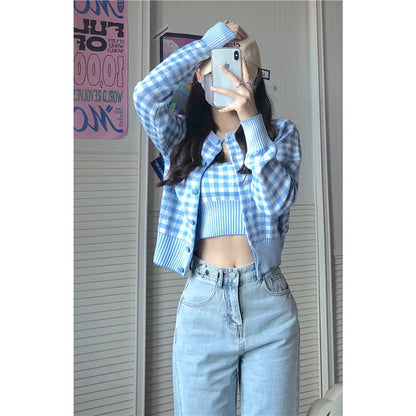 Gilet à carreaux bleu femme – Style casual vintage