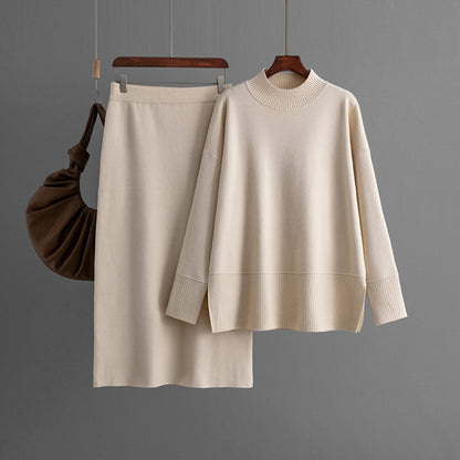ensemble pull à col roulé uni et jupe moulante fendue automne-hiver