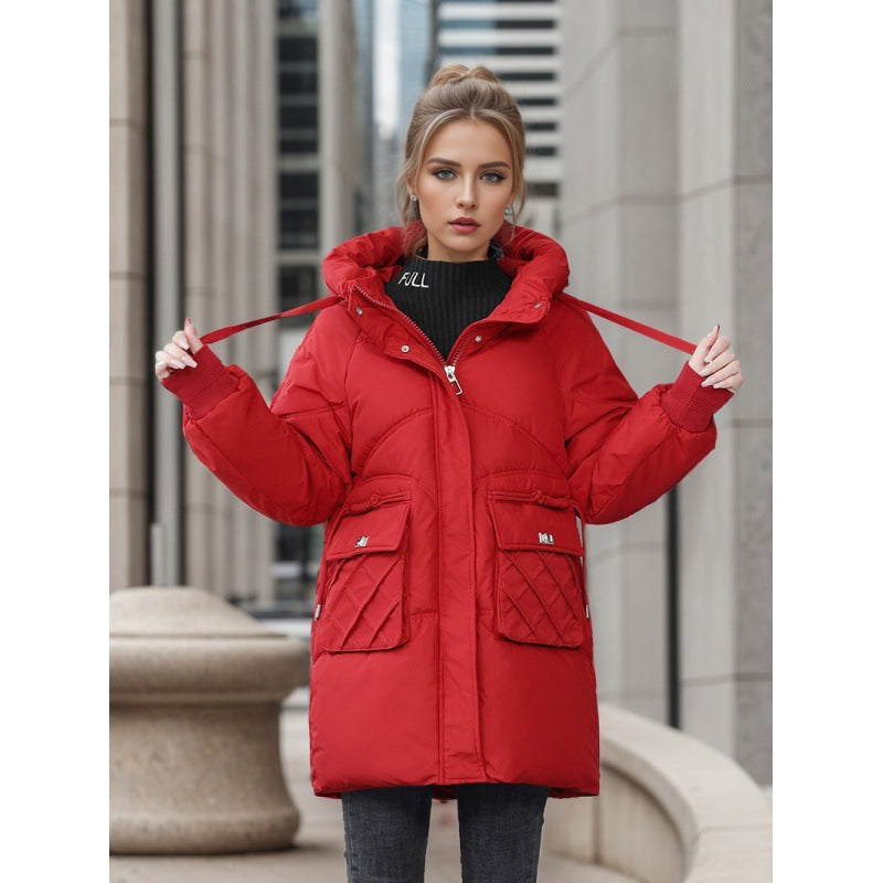 Manteau d'hiver chaud à capuche avec poches, couleur unie tendance